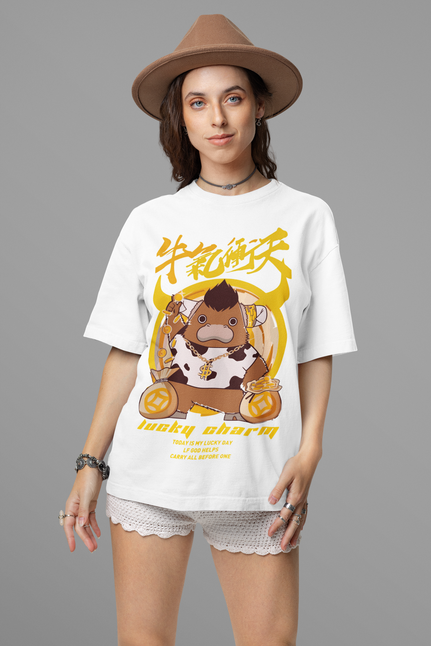 Oversized Extended Neck Lucky Cow Charm Graphic T Shirt White