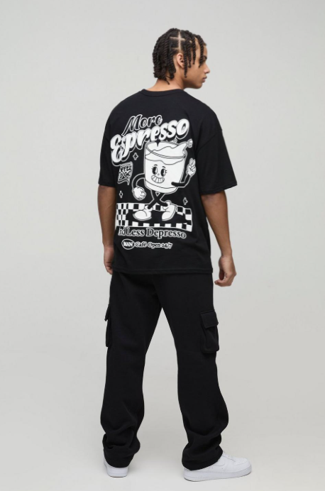 Oversized Espresso Cartoon Puff Print T-Shirt