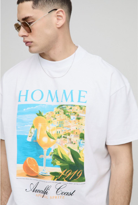 Oversized Extended Neck Homme Amalfi Coast Landscape T-Shirt White