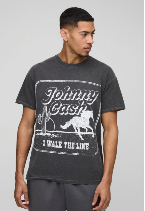 Regular Fit Half Sleeve Johnny Cash Western Washed T-Shirt Charcoal
