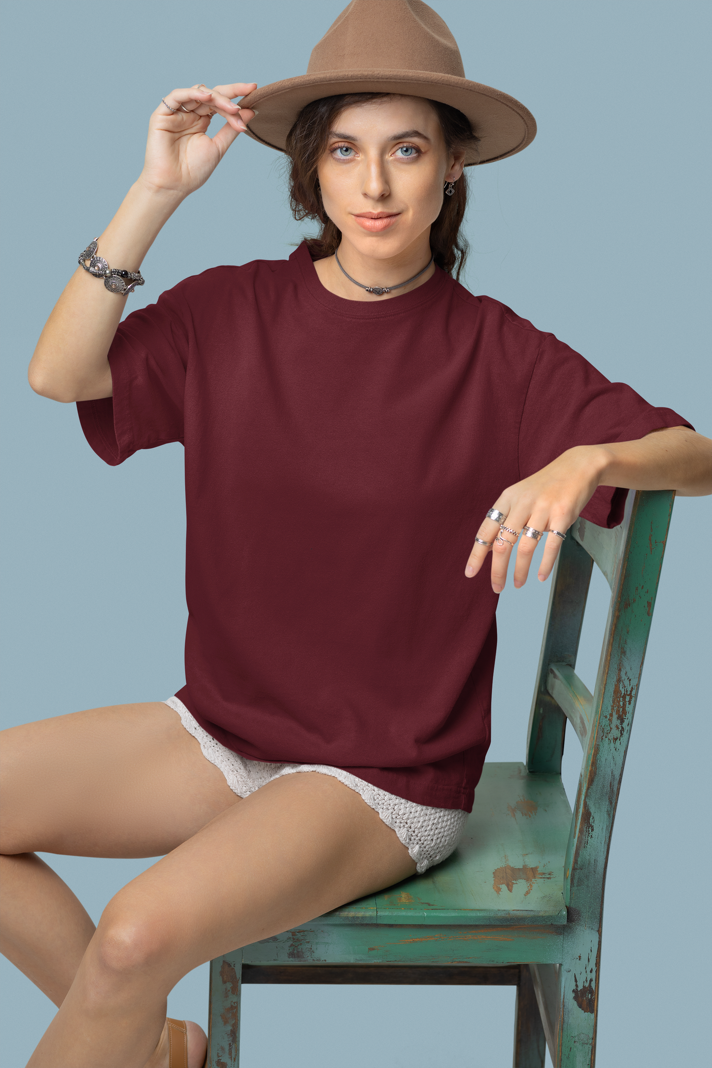 Oversized Extended Neck Basic T Shirt Maroon
