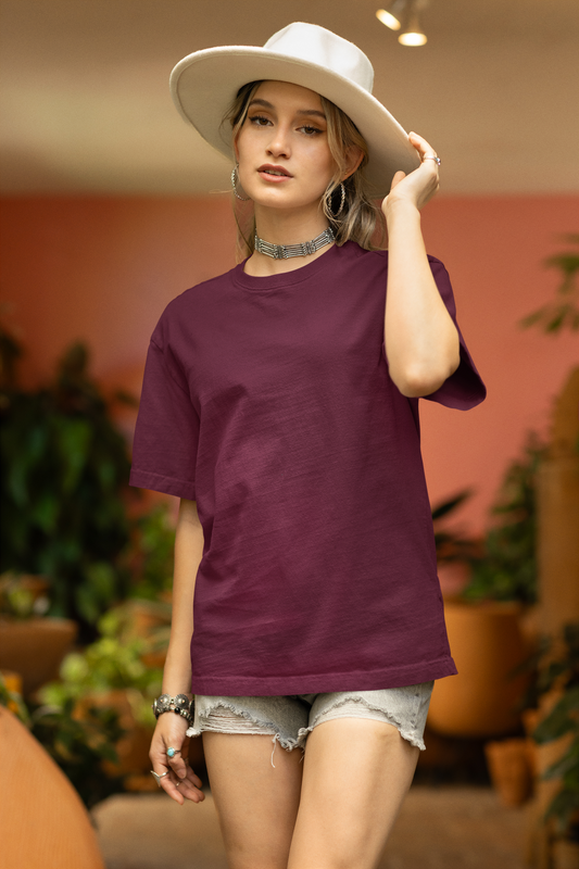 Oversized Extended Neck Basic T Shirt Maroon
