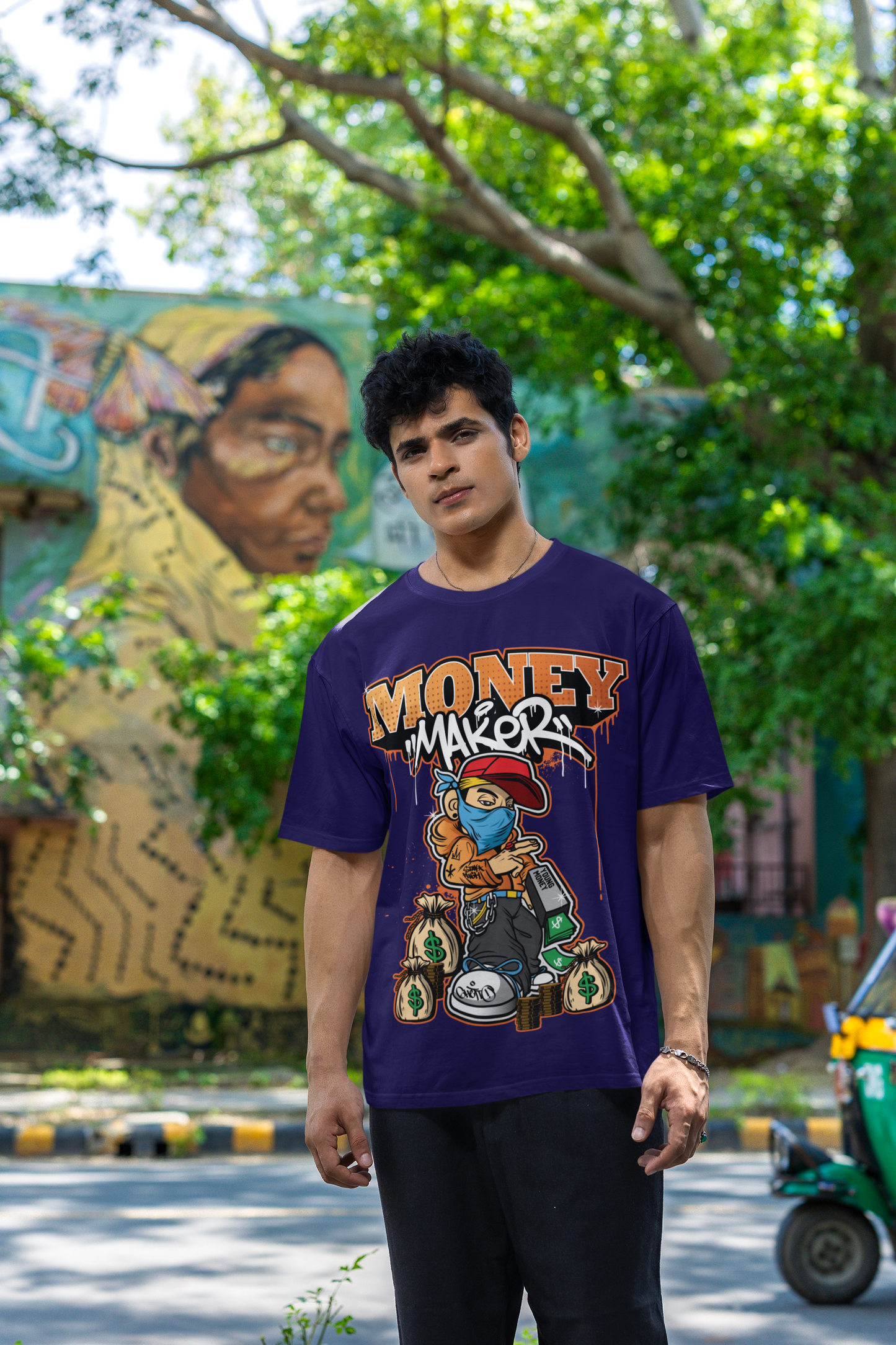 Oversized Extended Neck Money Maker T-Shirt Purple
