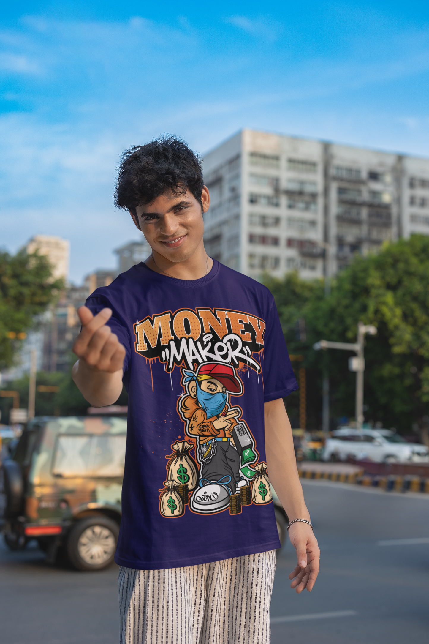 Oversized Extended Neck Money Maker T-Shirt Purple