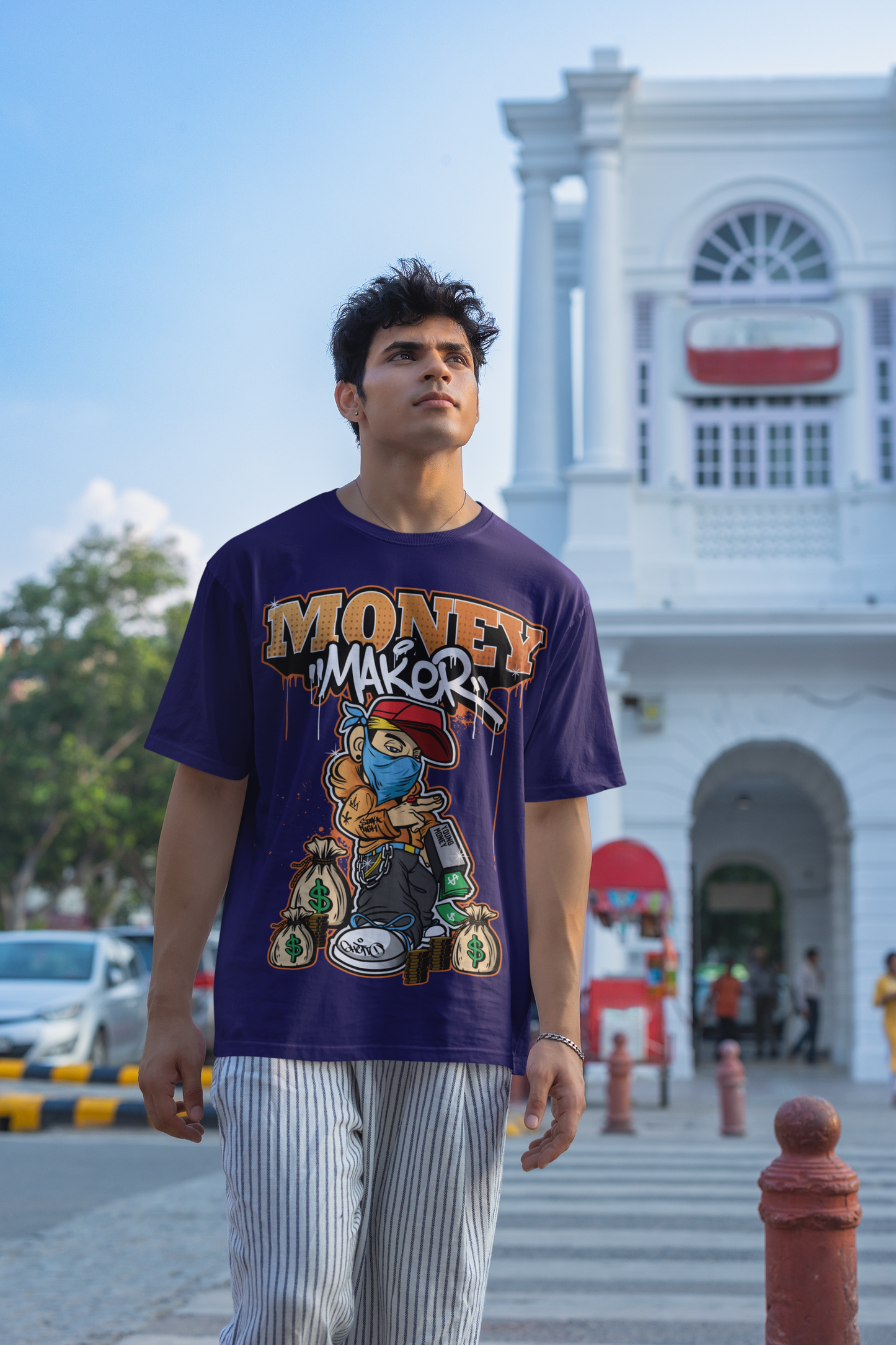 Oversized Extended Neck Money Maker T-Shirt Purple