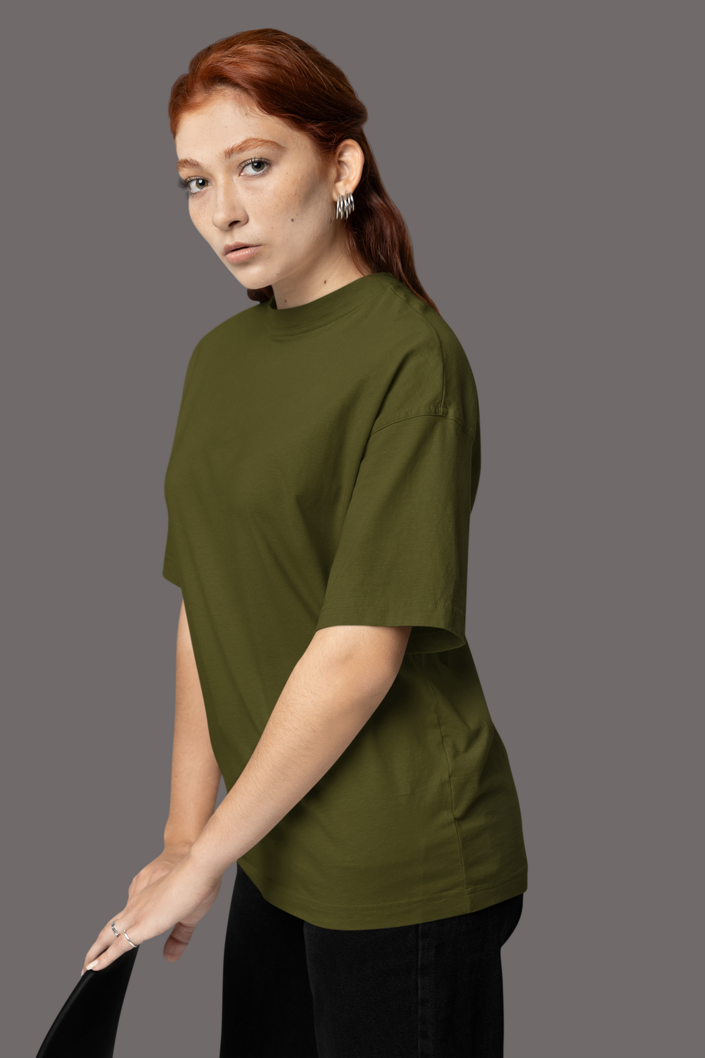 Oversized Extended Neck Basic T Shirt Olive Green