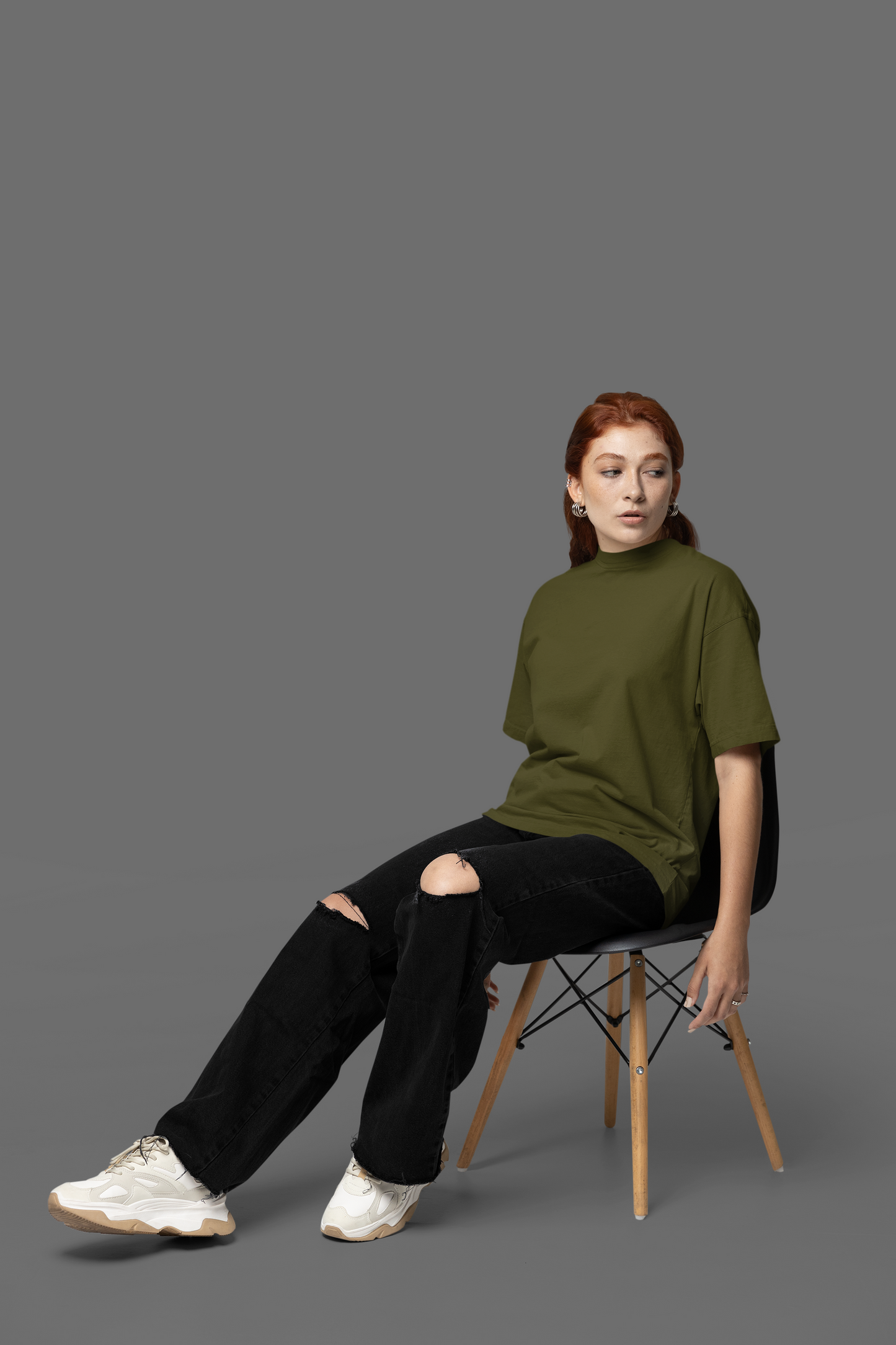 Oversized Extended Neck Basic T Shirt Olive Green