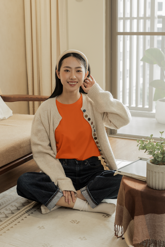 Oversized Extended Neck Basic T Shirt Orange Tangerine