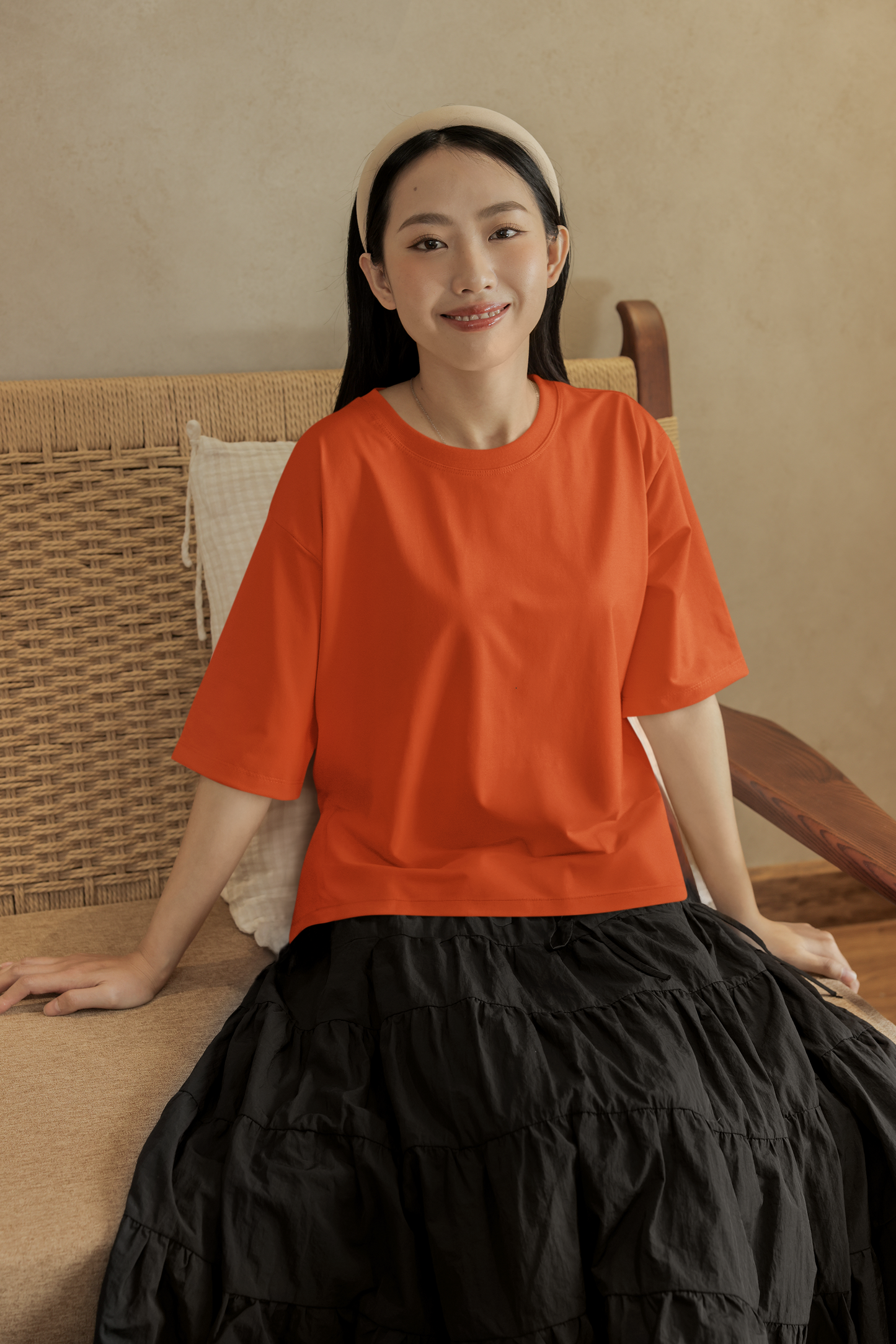 Oversized Extended Neck Basic T Shirt Orange Tangerine