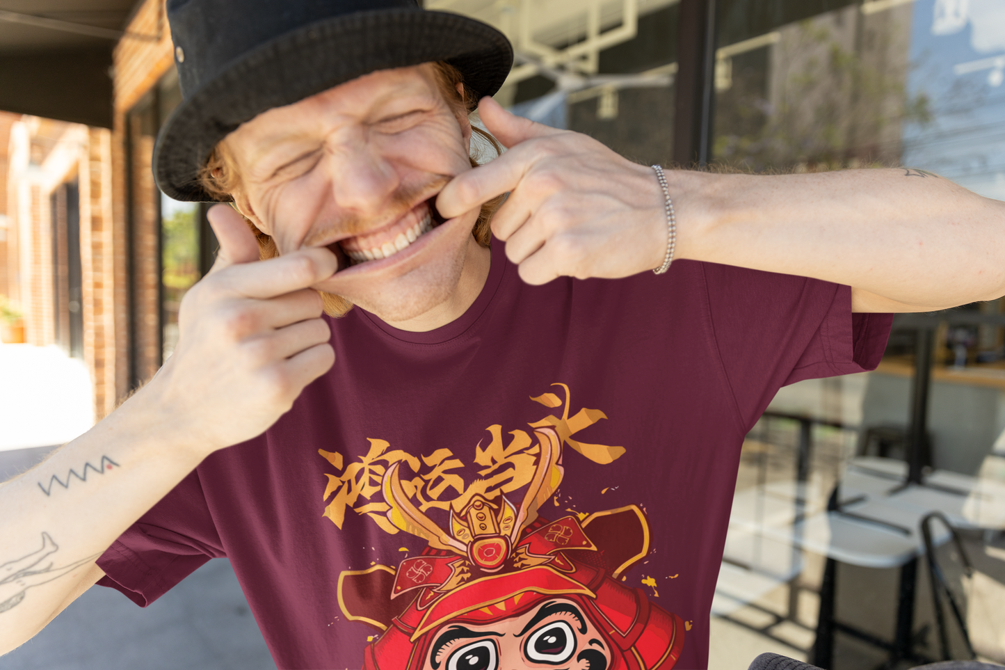 Oversized Extended Neck Panda Charm T-Shirt Maroon