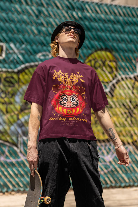 Oversized Extended Neck Panda Charm T-Shirt Maroon