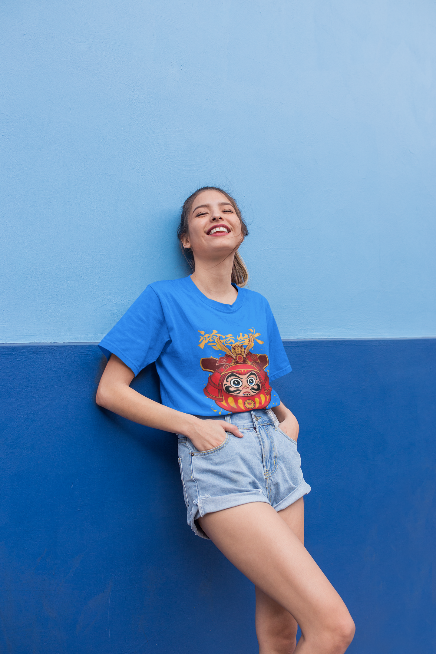 Oversized Extended Neck Panda Graphic T Shirt Blue