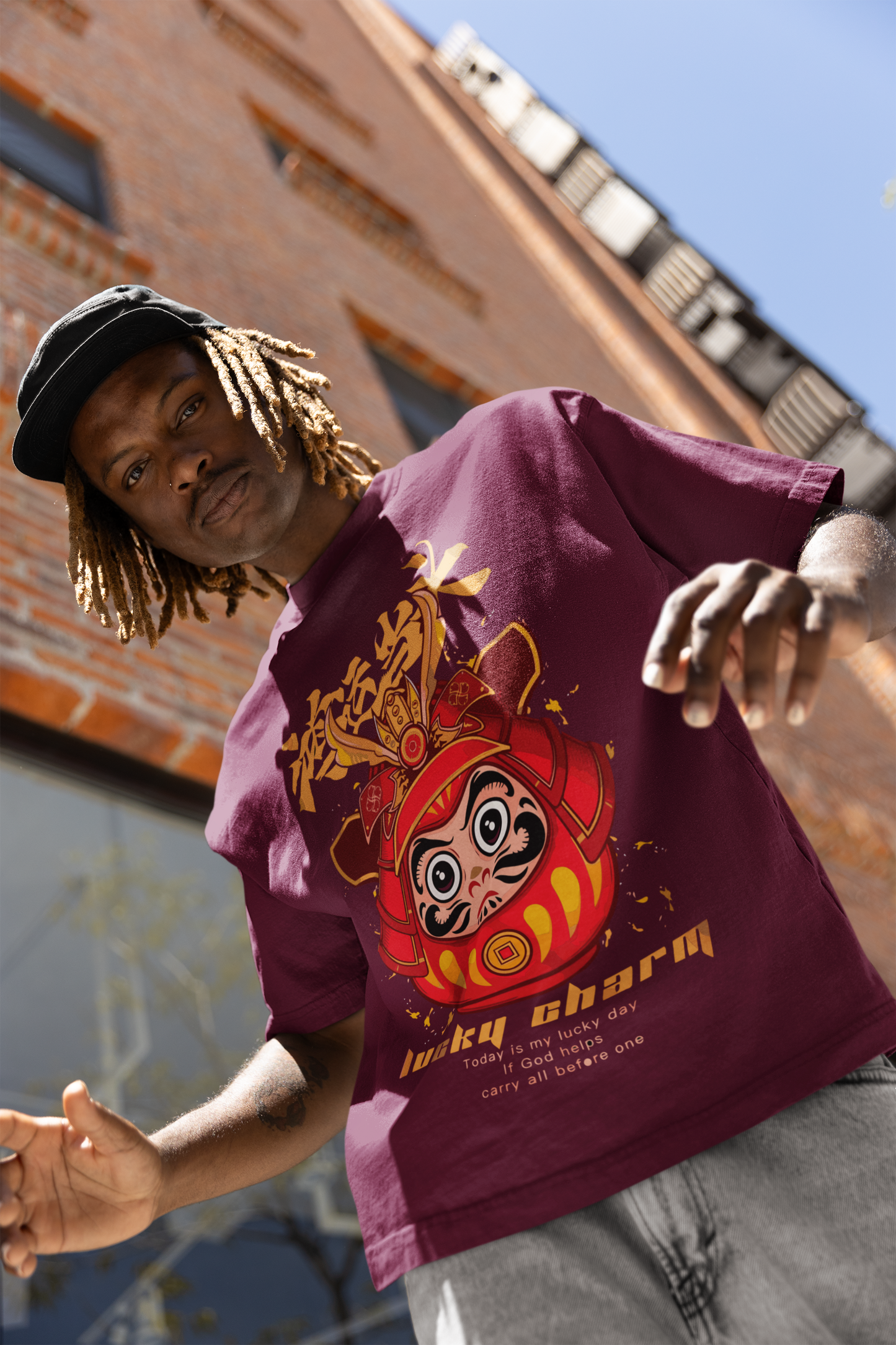 Oversized Extended Neck Panda Charm T-Shirt Maroon