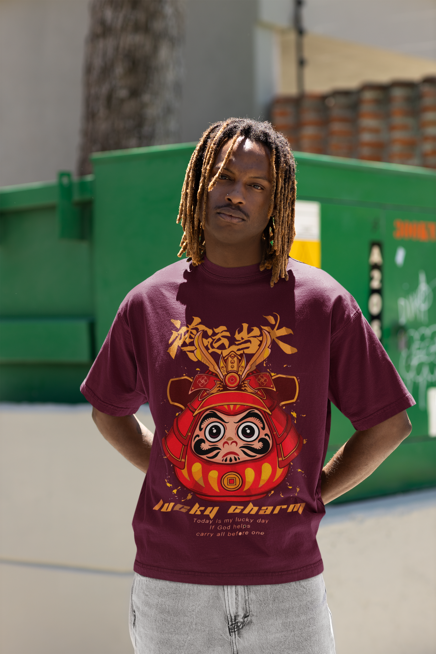 Oversized Extended Neck Panda Charm T-Shirt Maroon