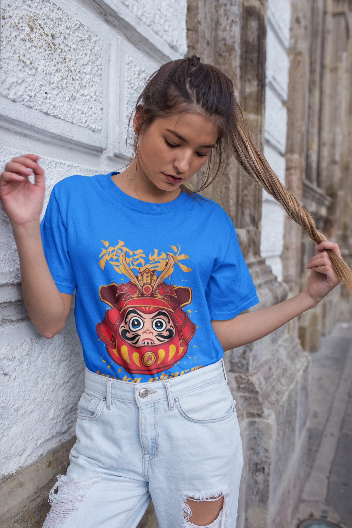 Oversized Extended Neck Panda Graphic T Shirt Blue