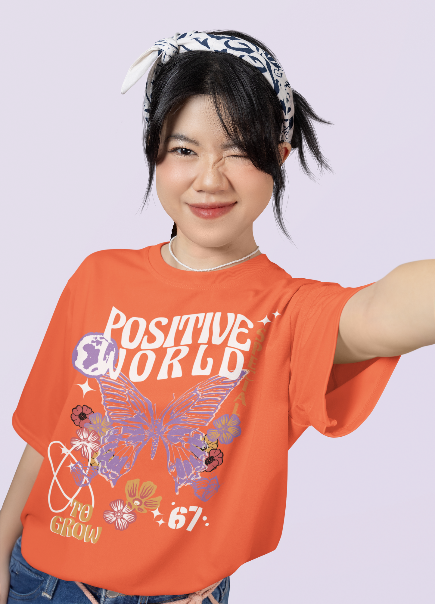 Oversized Extended Neck Positive World Graphic T Shirt Orange