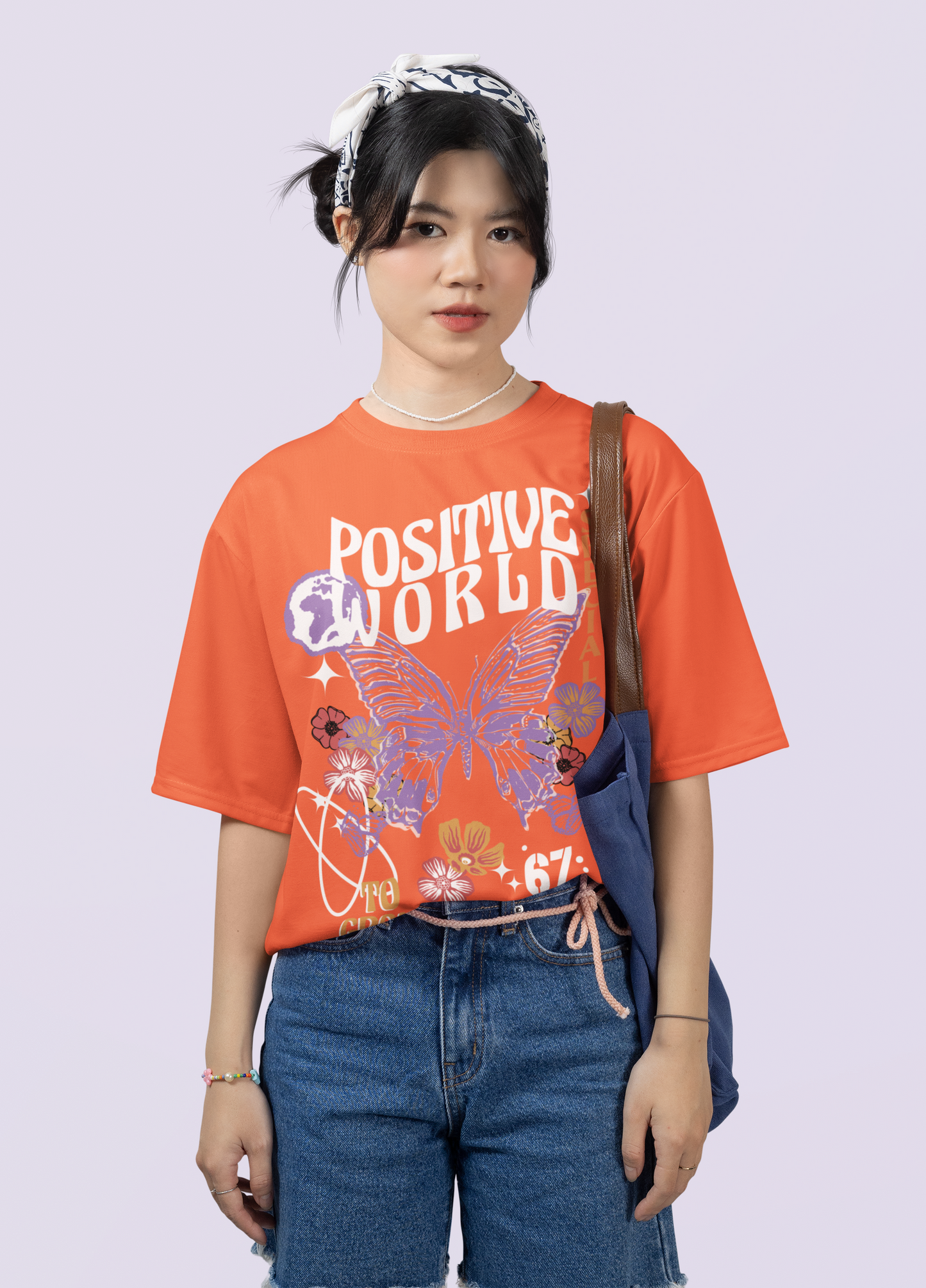 Oversized Extended Neck Positive World Graphic T Shirt Orange