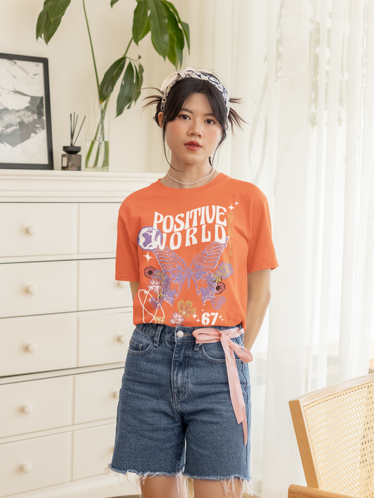 Oversized Extended Neck Positive World Graphic T Shirt Orange
