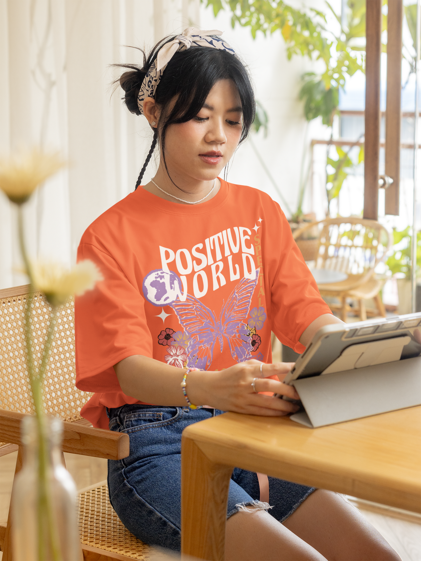 Oversized Extended Neck Positive World Graphic T Shirt Orange