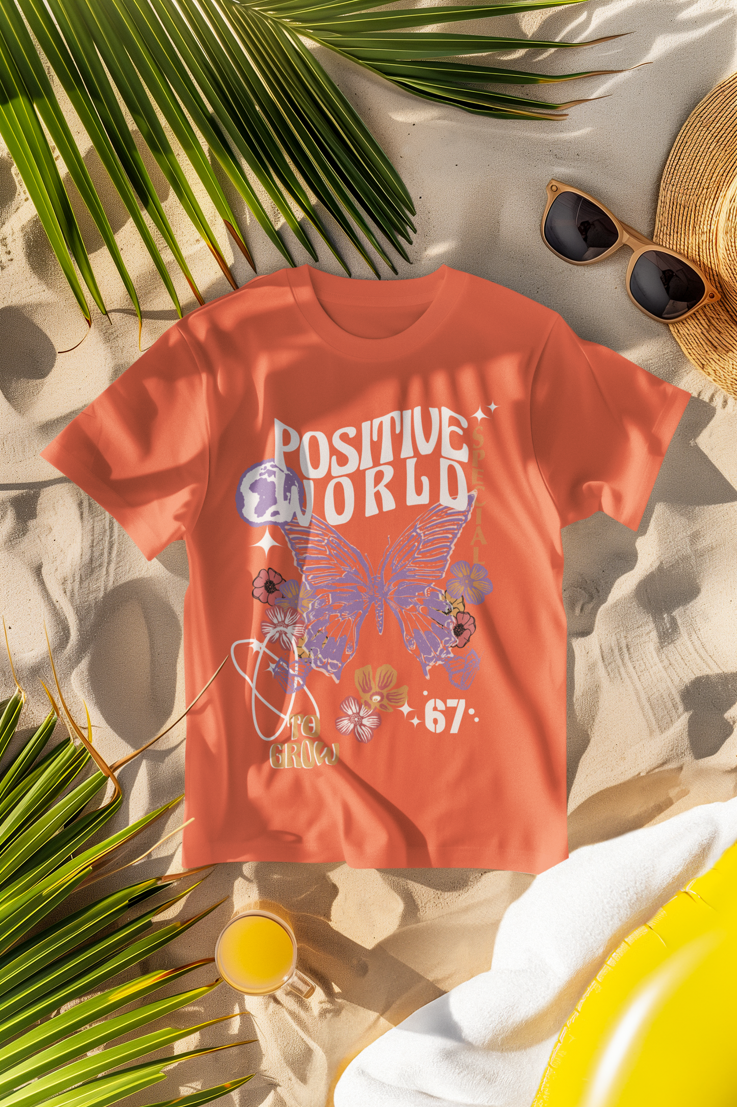 Oversized Extended Neck Positive World Graphic T Shirt Orange