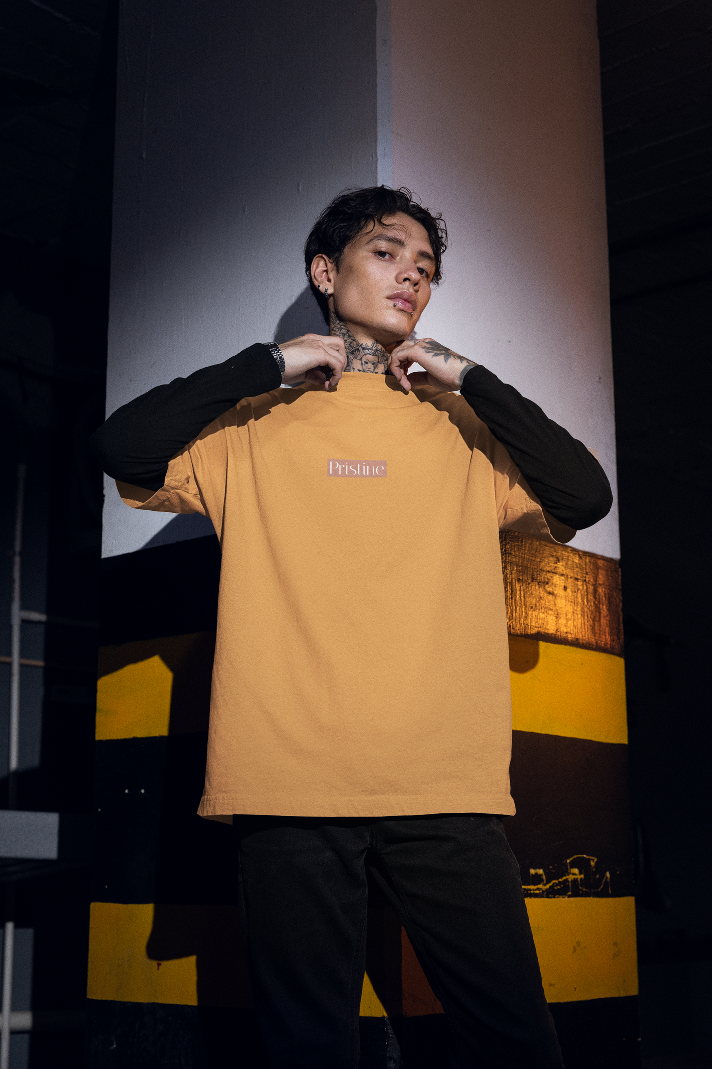 Oversized Extended Neck Basic Pristine T Shirt Yellow