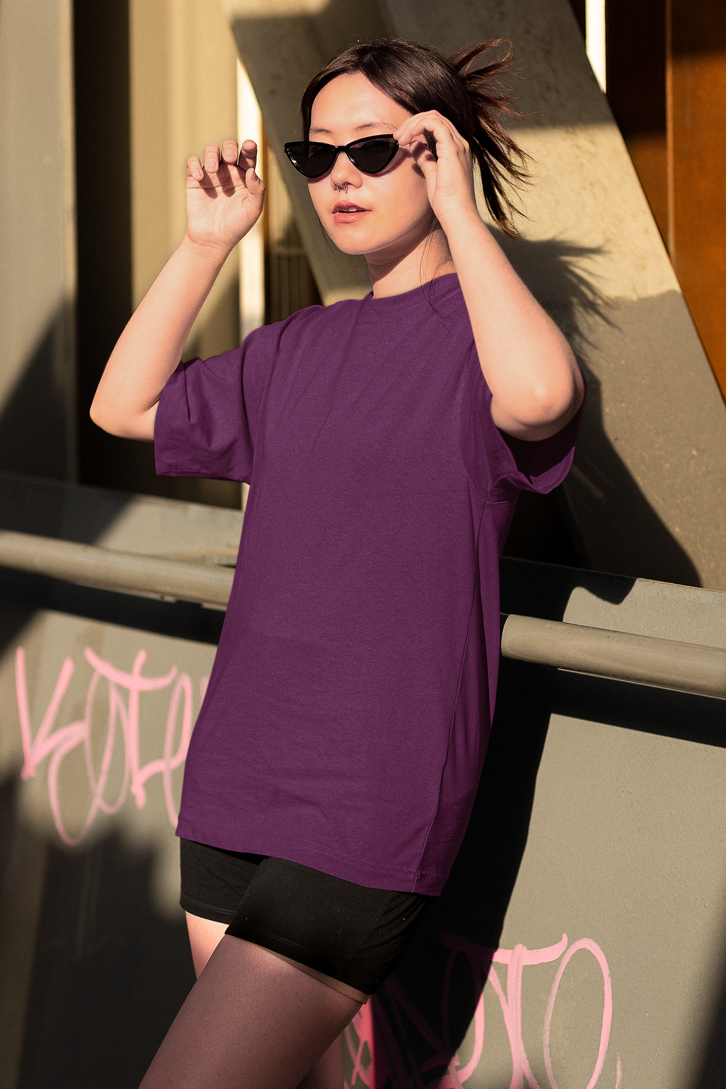 Oversized Extended Neck Basic T Shirt Purple