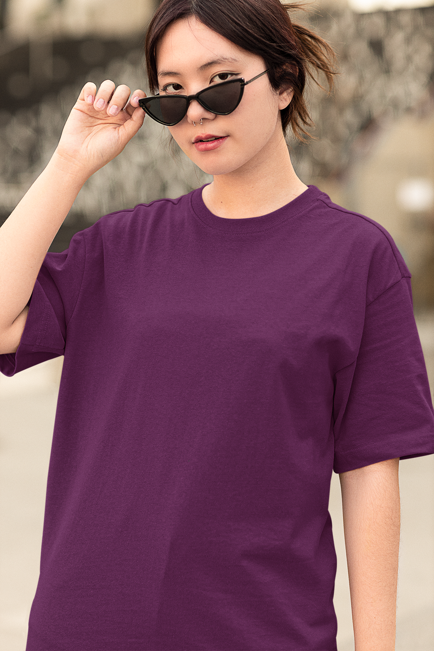 Oversized Extended Neck Basic T Shirt Purple