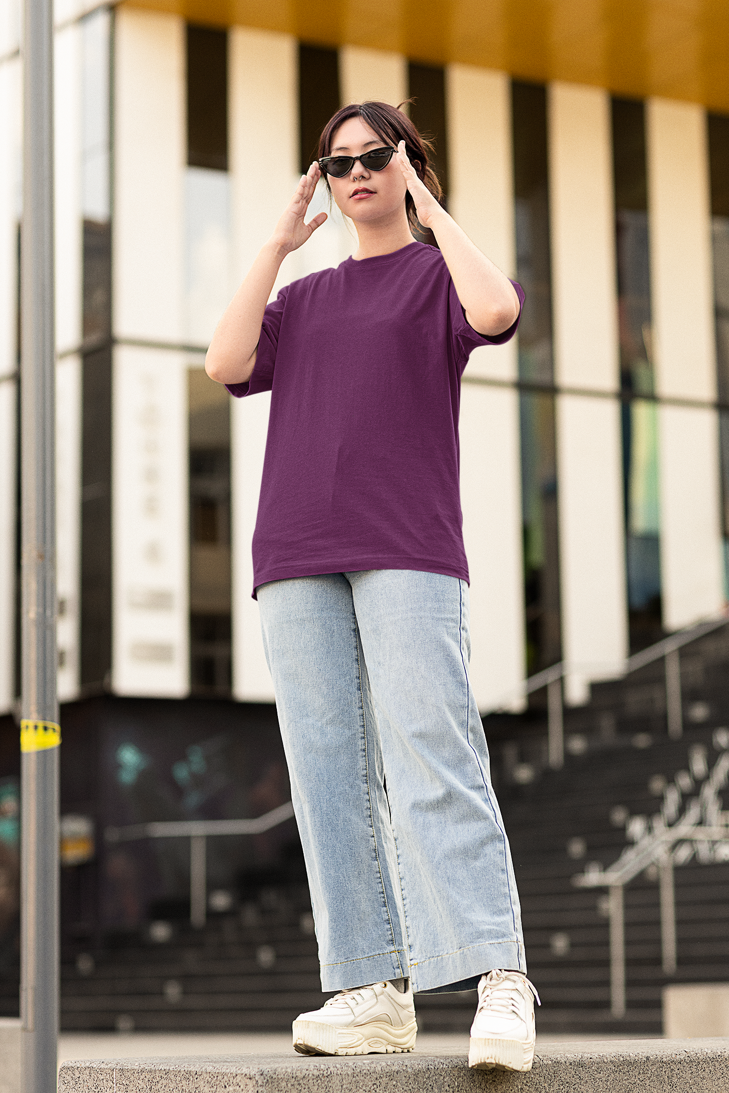Oversized Extended Neck Basic T Shirt Purple