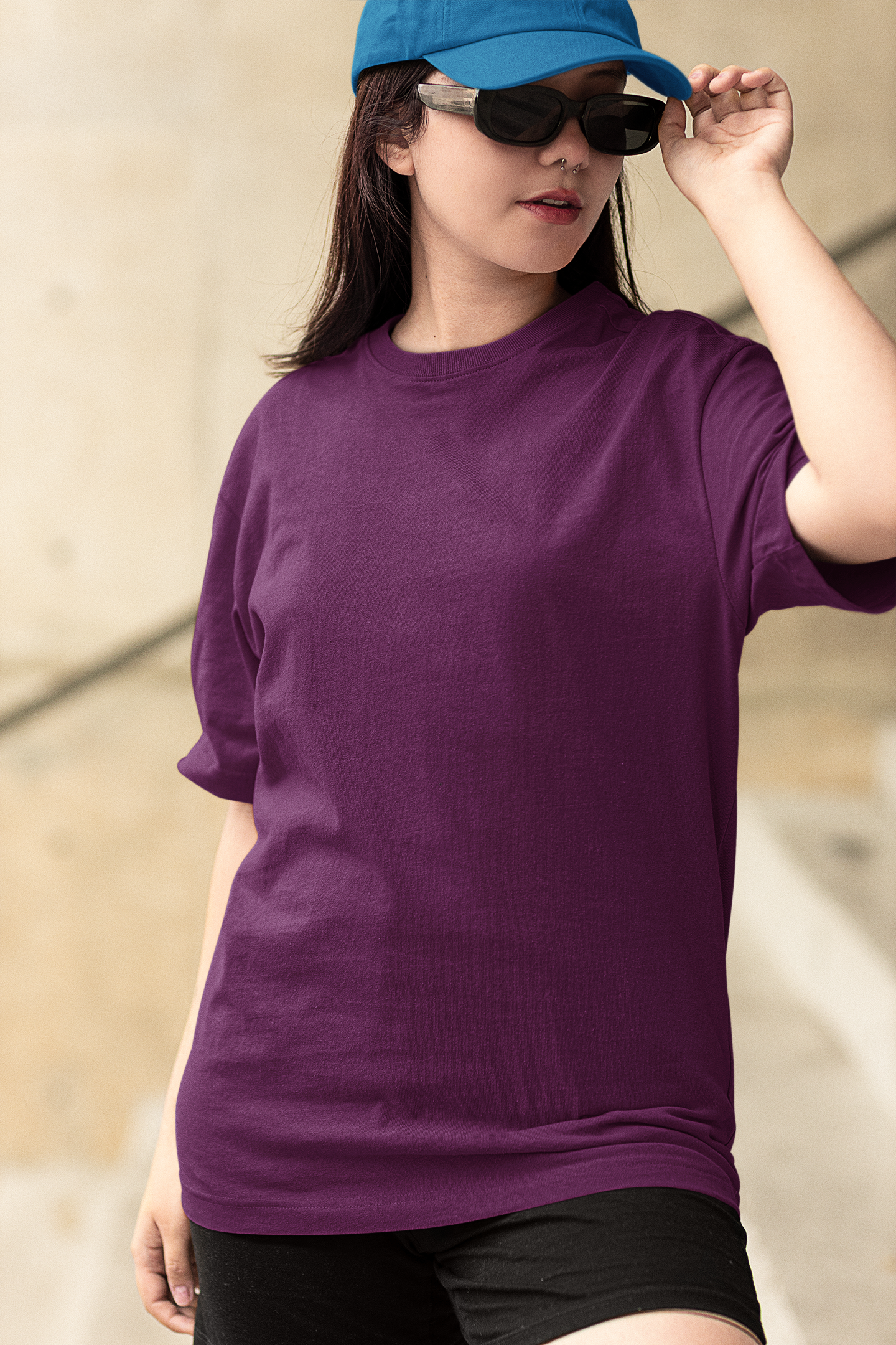 Oversized Extended Neck Basic T Shirt Purple