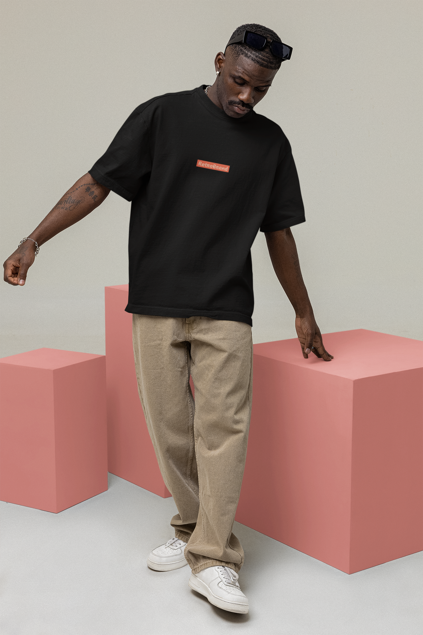 Oversized Extended Neck Basic Retro Band T Shirt Black