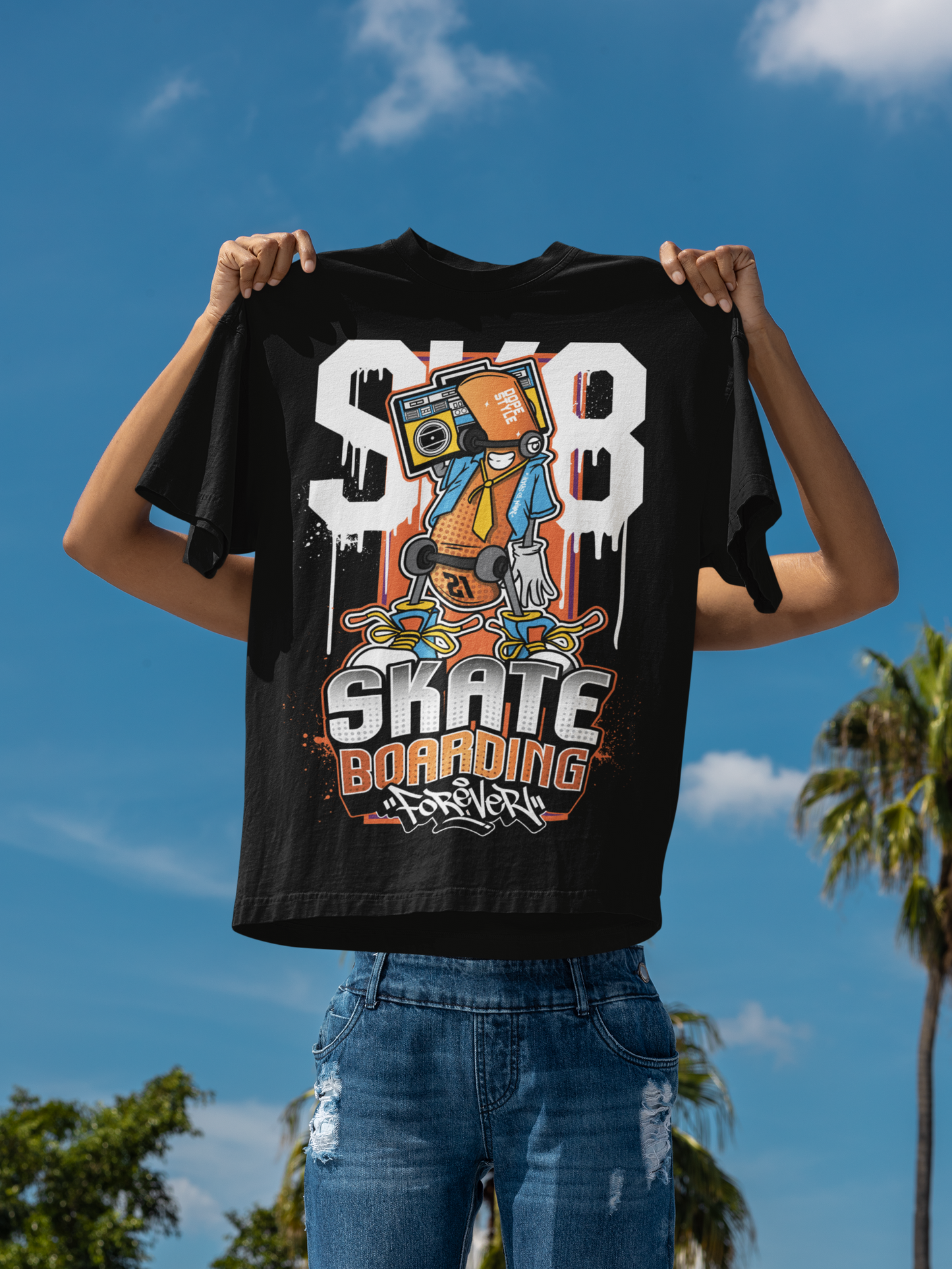 Oversized Extended Neck Skate Graffiti T Shirt Black