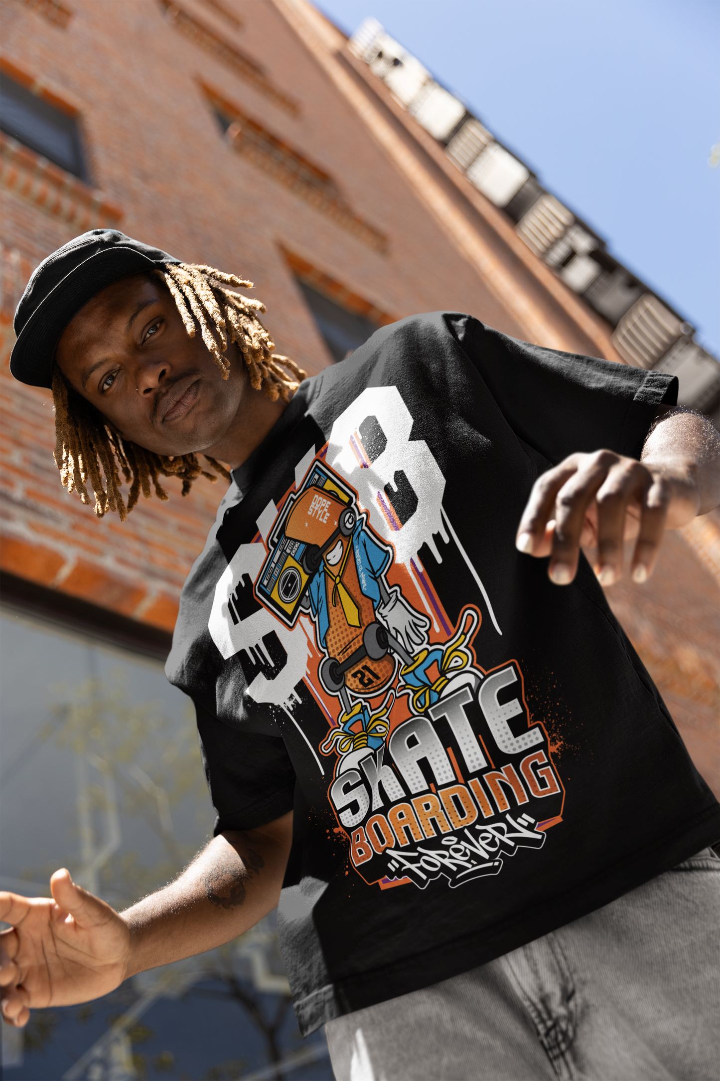 Oversized Extended Neck Skate Graffiti T Shirt Black