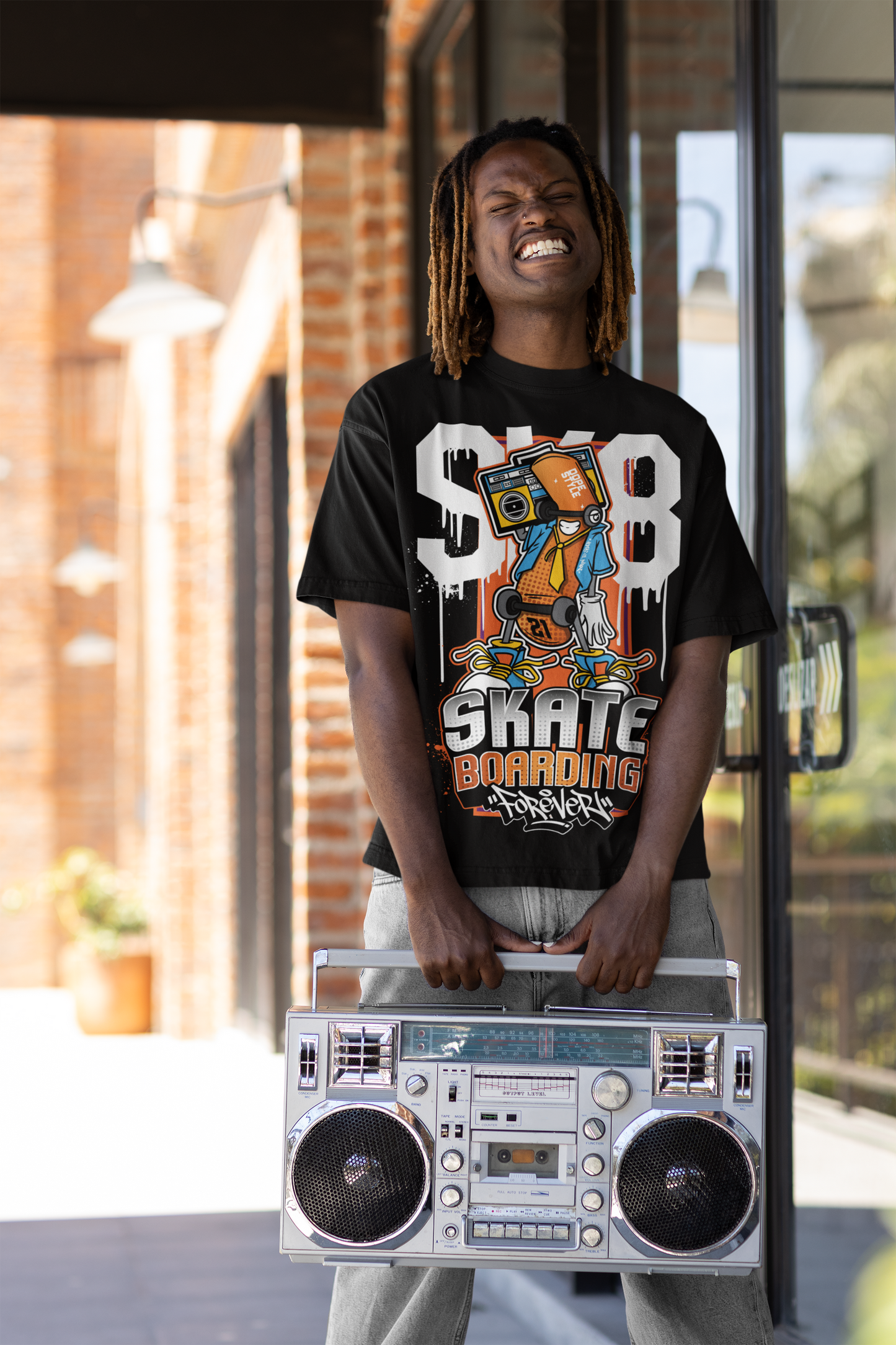 Oversized Extended Neck Skate Graffiti T Shirt Black