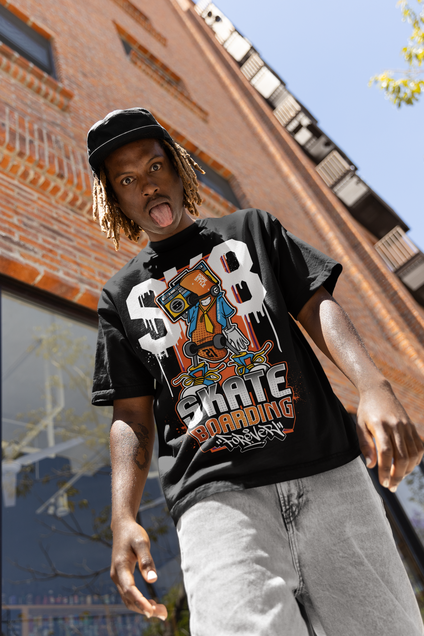 Oversized Extended Neck Skate Graffiti T Shirt Black