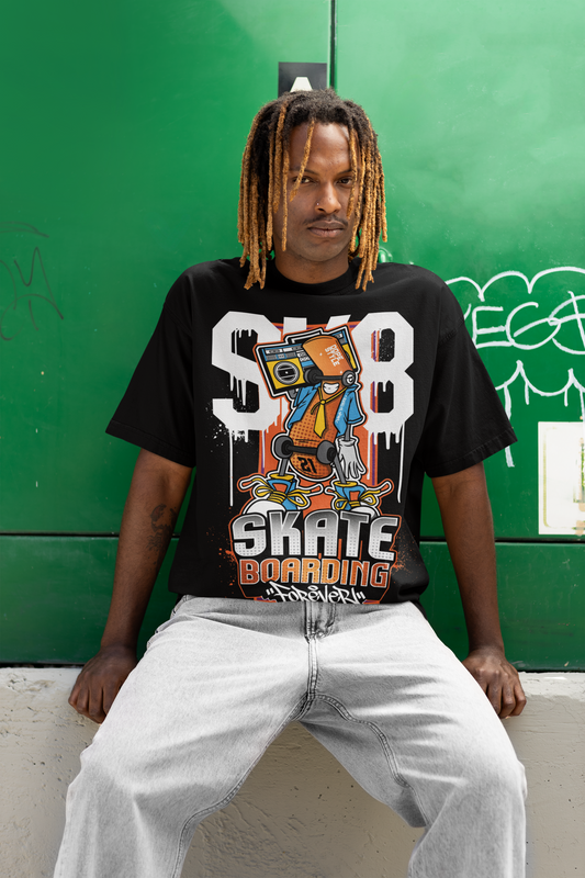 Oversized Extended Neck Skate Graffiti T Shirt Black