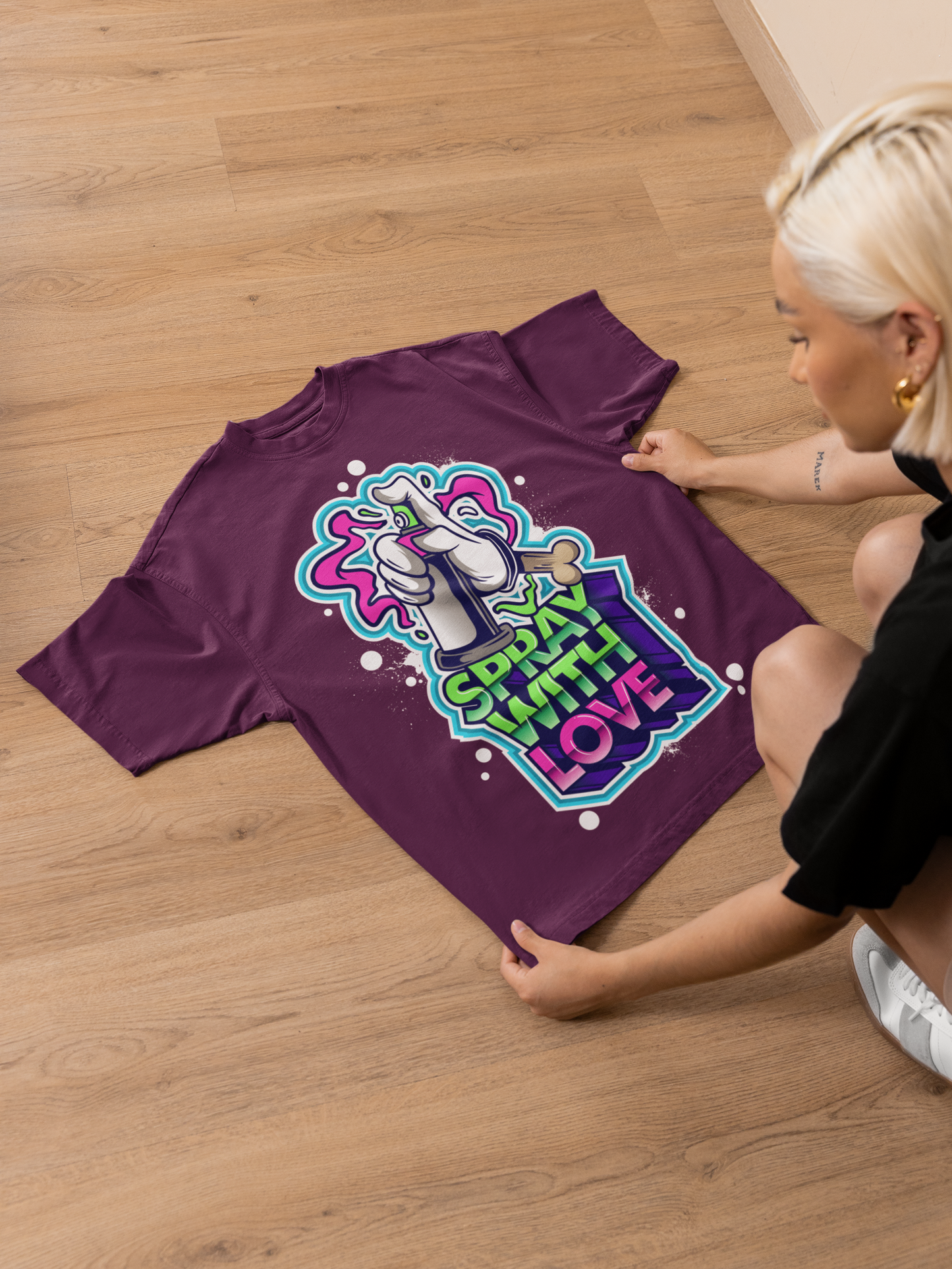 Oversized Extended Neck Spray Love Graffiti Graphic T Shirt Purple