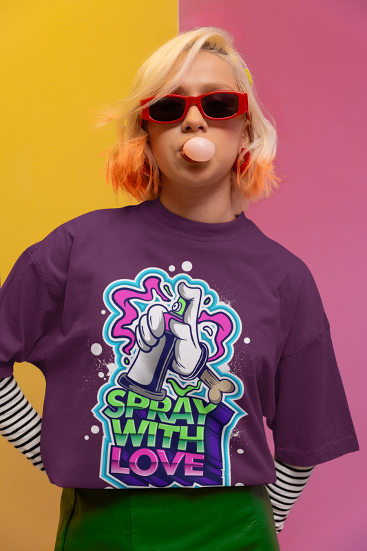 Oversized Extended Neck Spray Love Graffiti Graphic T Shirt Purple