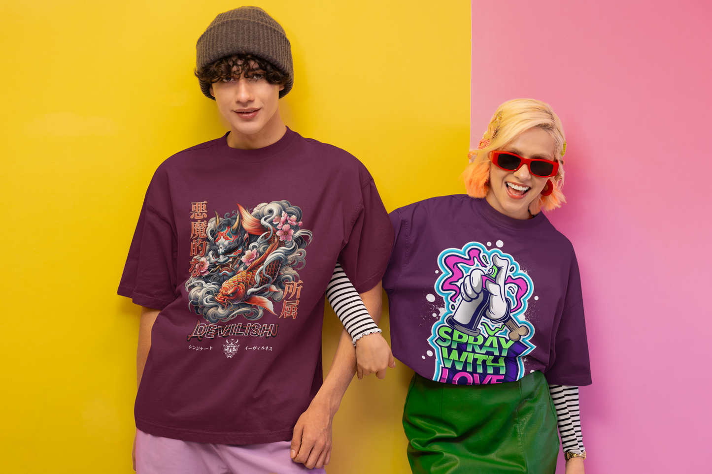 Oversized Extended Neck Spray Love Graffiti Graphic T Shirt Purple