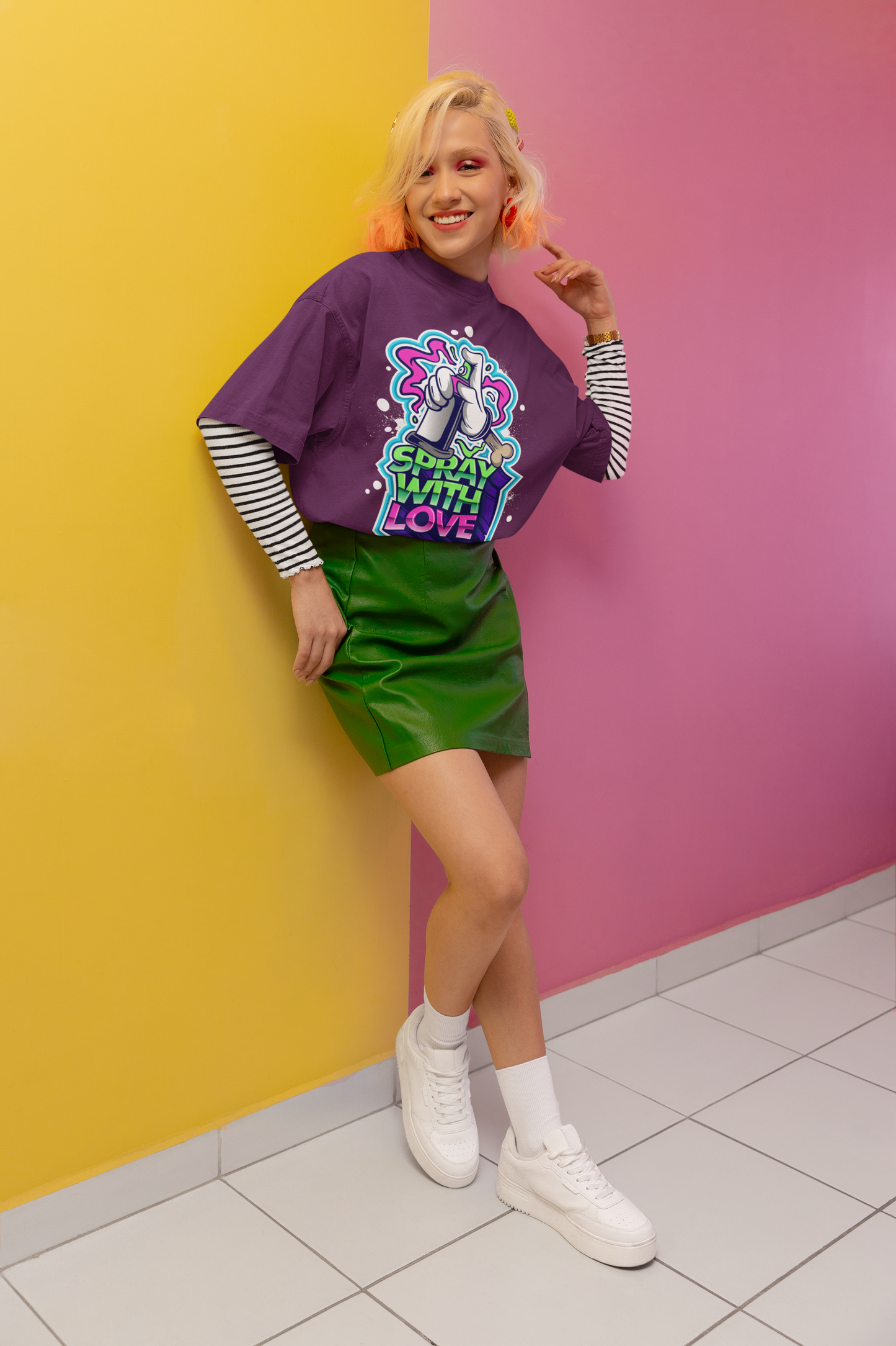Oversized Extended Neck Spray Love Graffiti Graphic T Shirt Purple