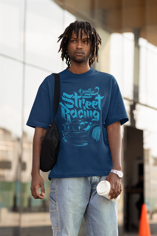 Oversized Extended Neck Street Racing T-Shirt Blue