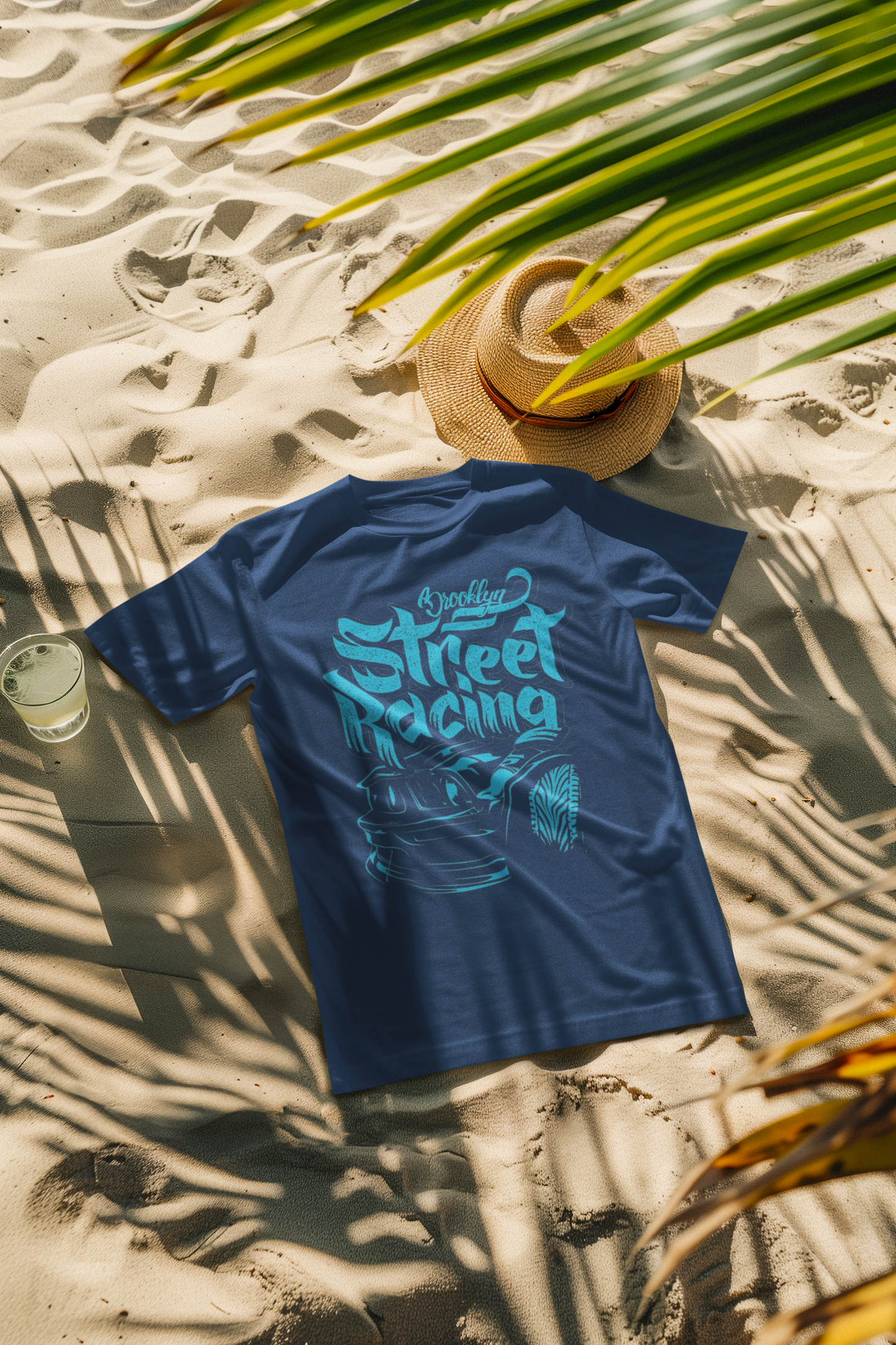 Oversized Extended Neck Street Racing T-Shirt Blue