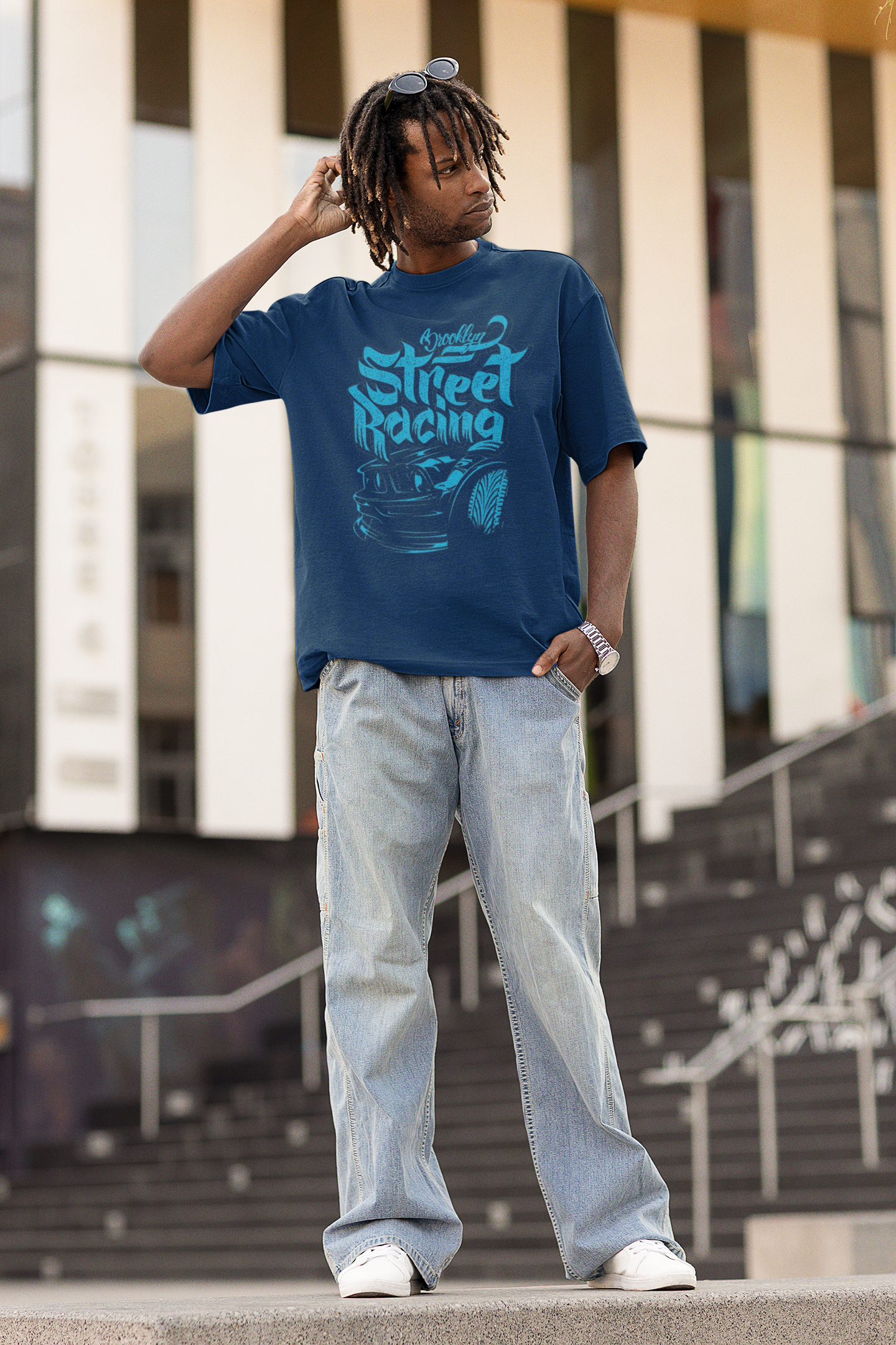 Oversized Extended Neck Street Racing T-Shirt Blue