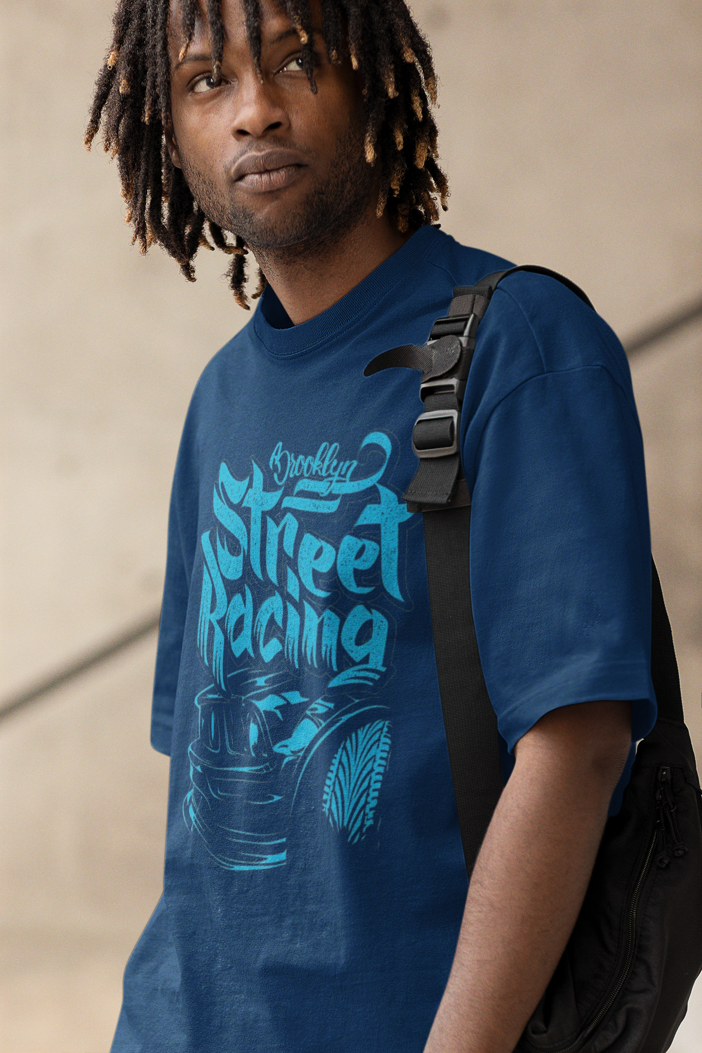 Oversized Extended Neck Street Racing T-Shirt Blue