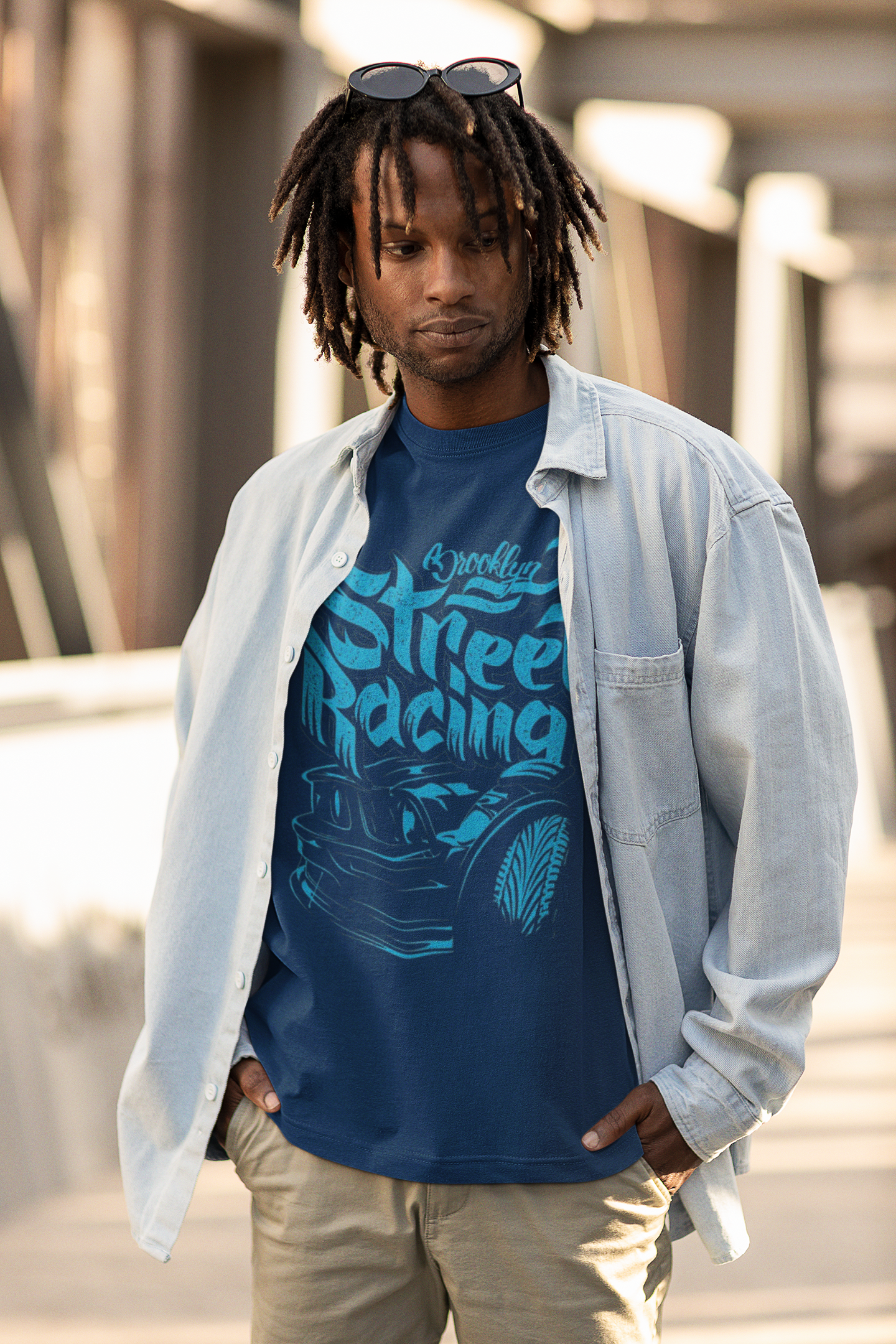 Oversized Extended Neck Street Racing T-Shirt Blue