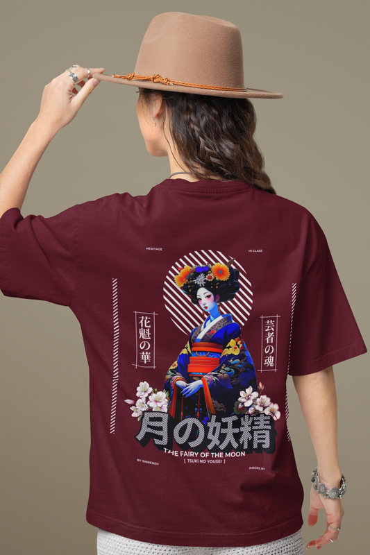 Oversized Extended Neck Moon Fairy Graphic T Shirt Maroon