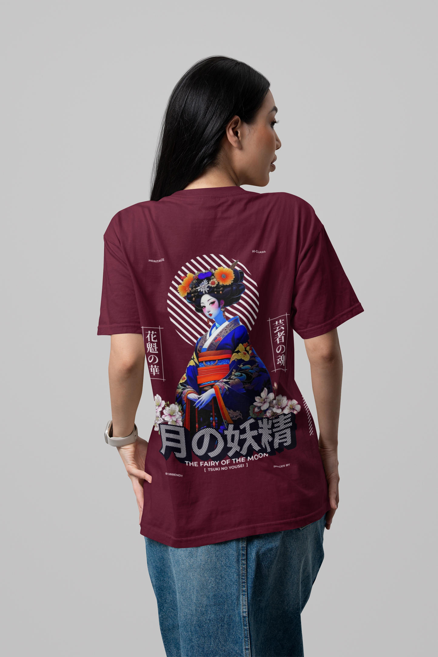 Oversized Extended Neck Moon Fairy Graphic T Shirt Maroon