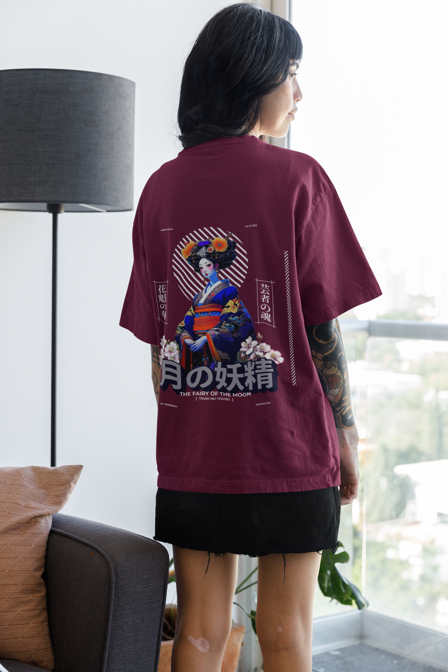 Oversized Extended Neck Moon Fairy Graphic T Shirt Maroon