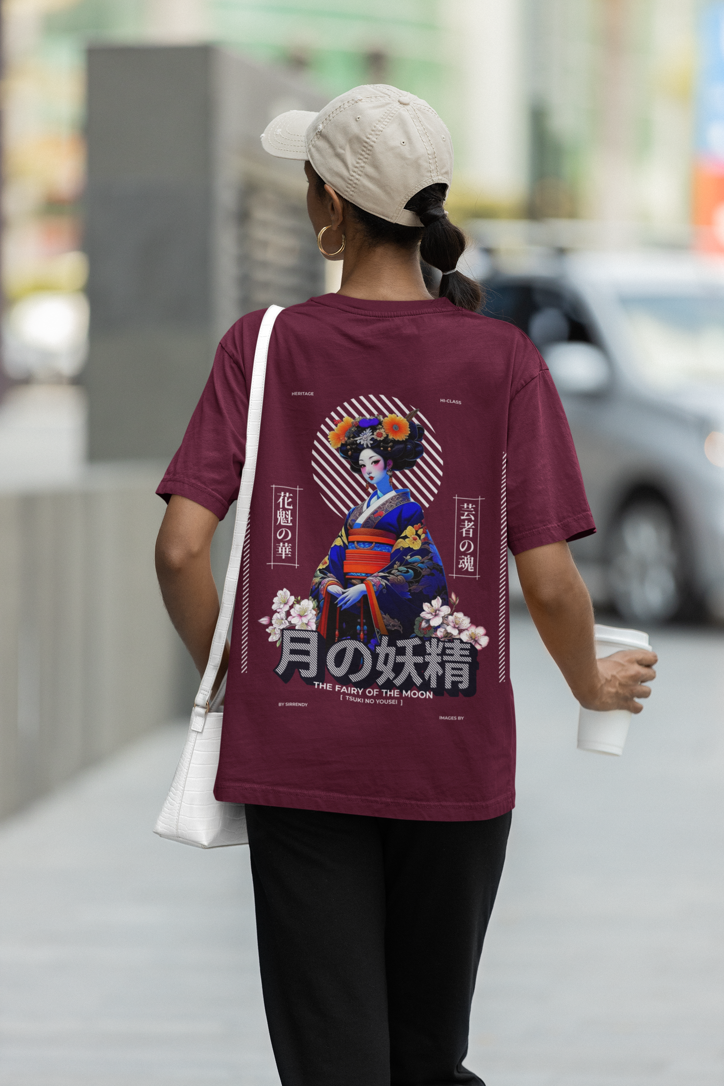 Oversized Extended Neck Moon Fairy Graphic T Shirt Maroon
