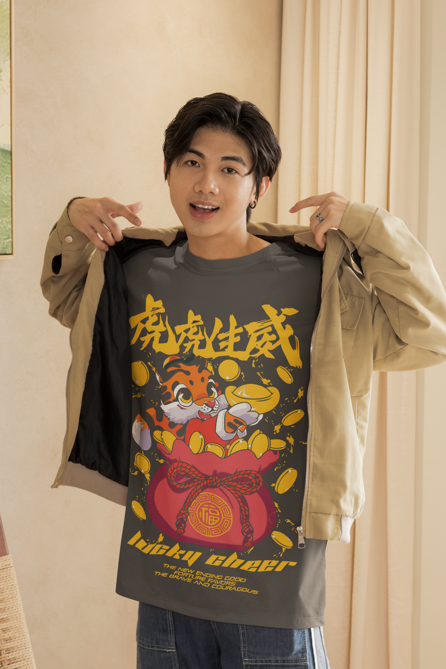 Oversized Extended Neck Tiger Charm T Shirt Grey