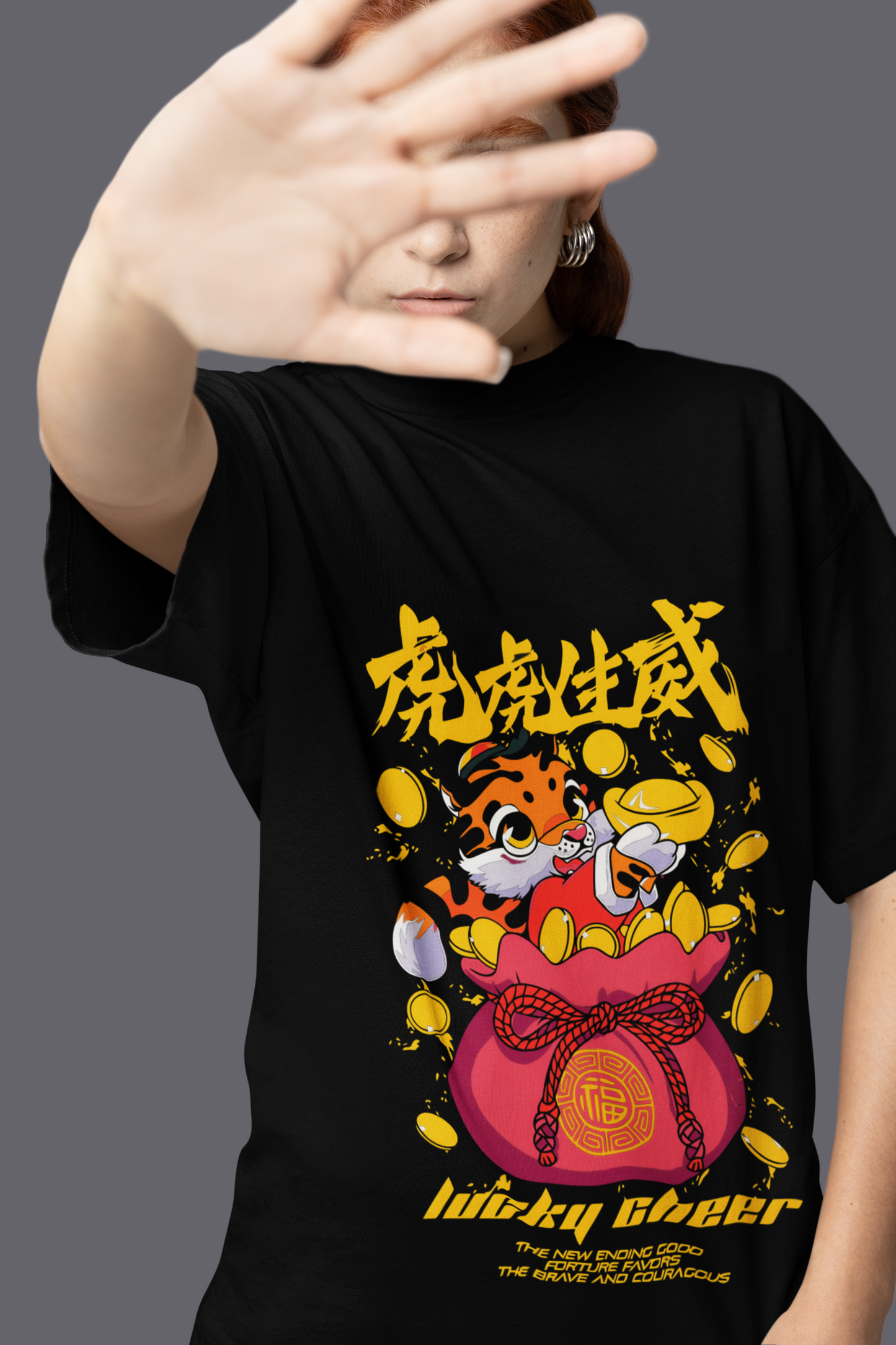 Oversized Extended Neck Tigre Graphic T Shirt Black